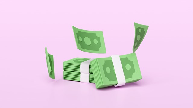 3d dollar banknote stack with flying banknotes isolated on pink background. economic movements or business finance, loan concept, 3d render illustration